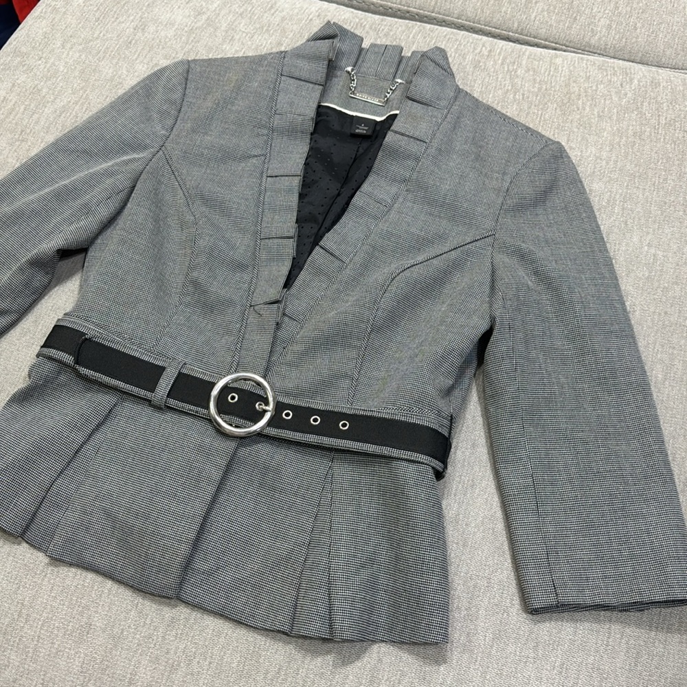 Grey Ruffle Belted Blazer - Picture 2 of 11